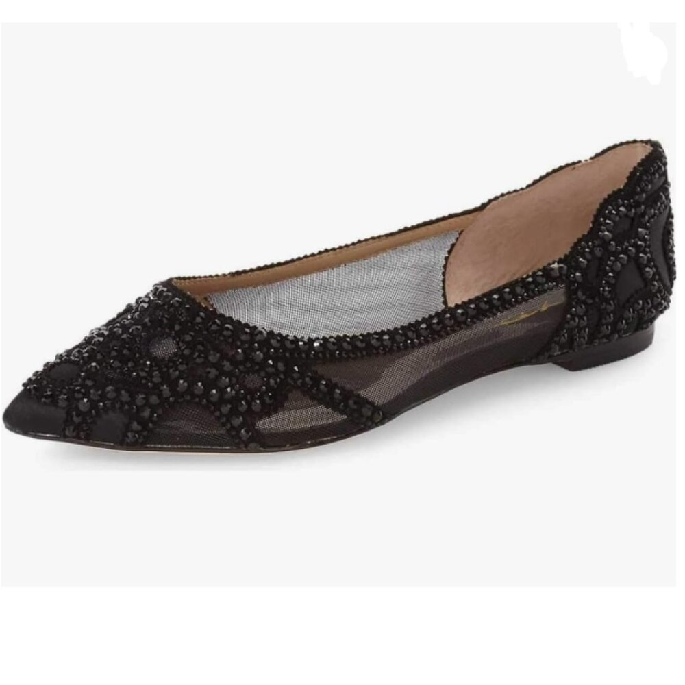 XYD Black Pointed Toe Rhinestone Flats Mesh Slip On Low Heel Crystal Dress Shoes